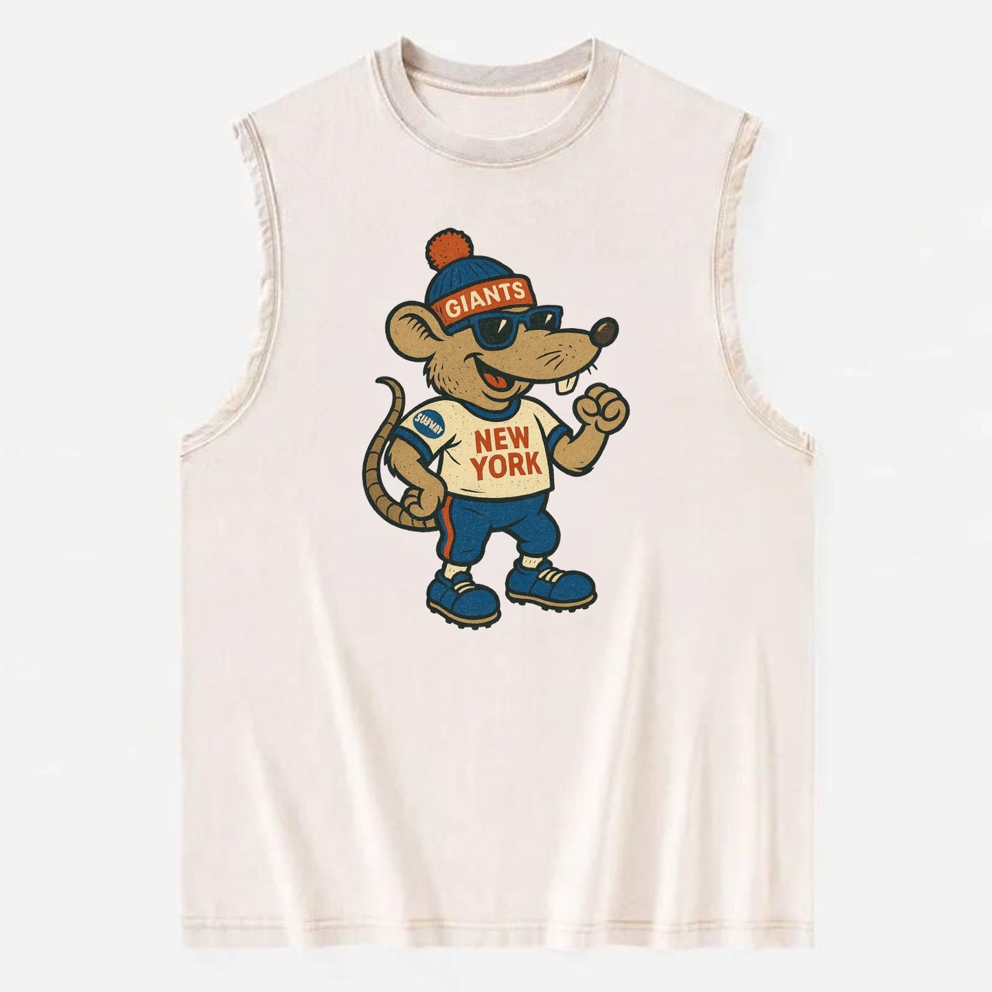 New York Rat wearing Giants beanie with subway patch and wayfarer sunglasses - Vintage Washed Tank - Beige