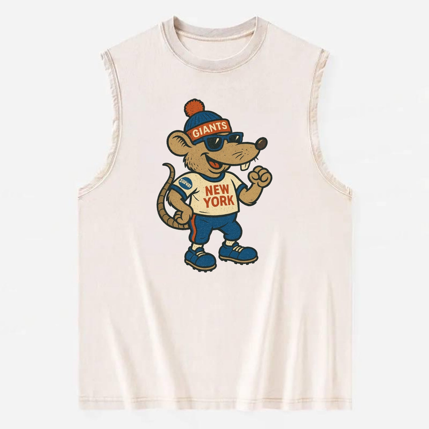 New York Rat wearing Giants beanie with subway patch and wayfarer sunglasses - Vintage Washed Tank - Beige