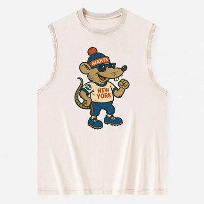 New York Rat wearing Giants beanie with subway patch and wayfarer sunglasses - Vintage Washed Tank - Beige
