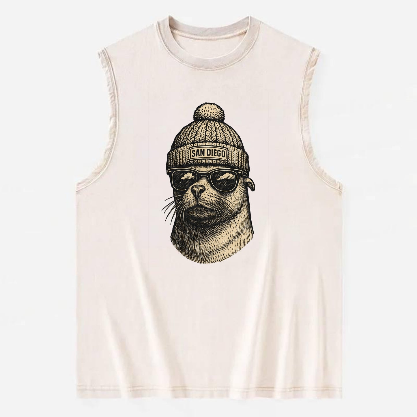 San Diego Sea Lion wearing San Diego beanie with pom pom and wayfarer - Vintage Washed Tank - Beige