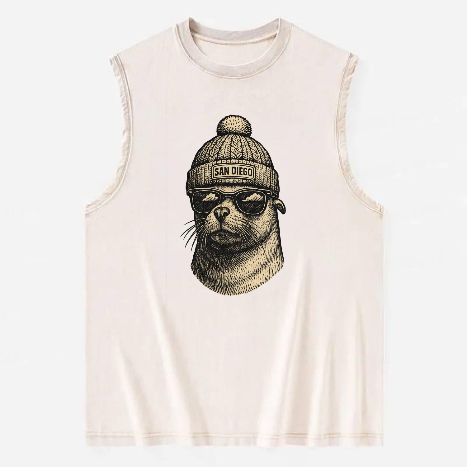 San Diego Sea Lion wearing San Diego beanie with pom pom and wayfarer - Vintage Washed Tank - Beige