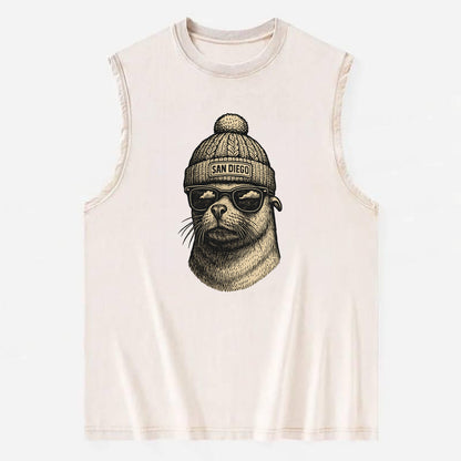 San Diego Sea Lion wearing San Diego beanie with pom pom and wayfarer - Vintage Washed Tank - Beige