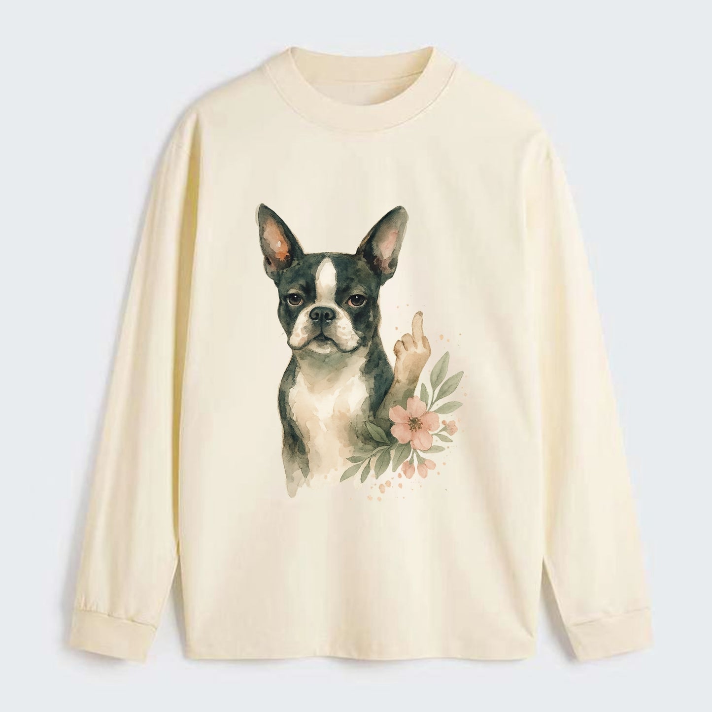 Boston Terrier with tuxedo markings, perky ears, paw up giving sass - Classic Long Sleeve Shirt - Beige