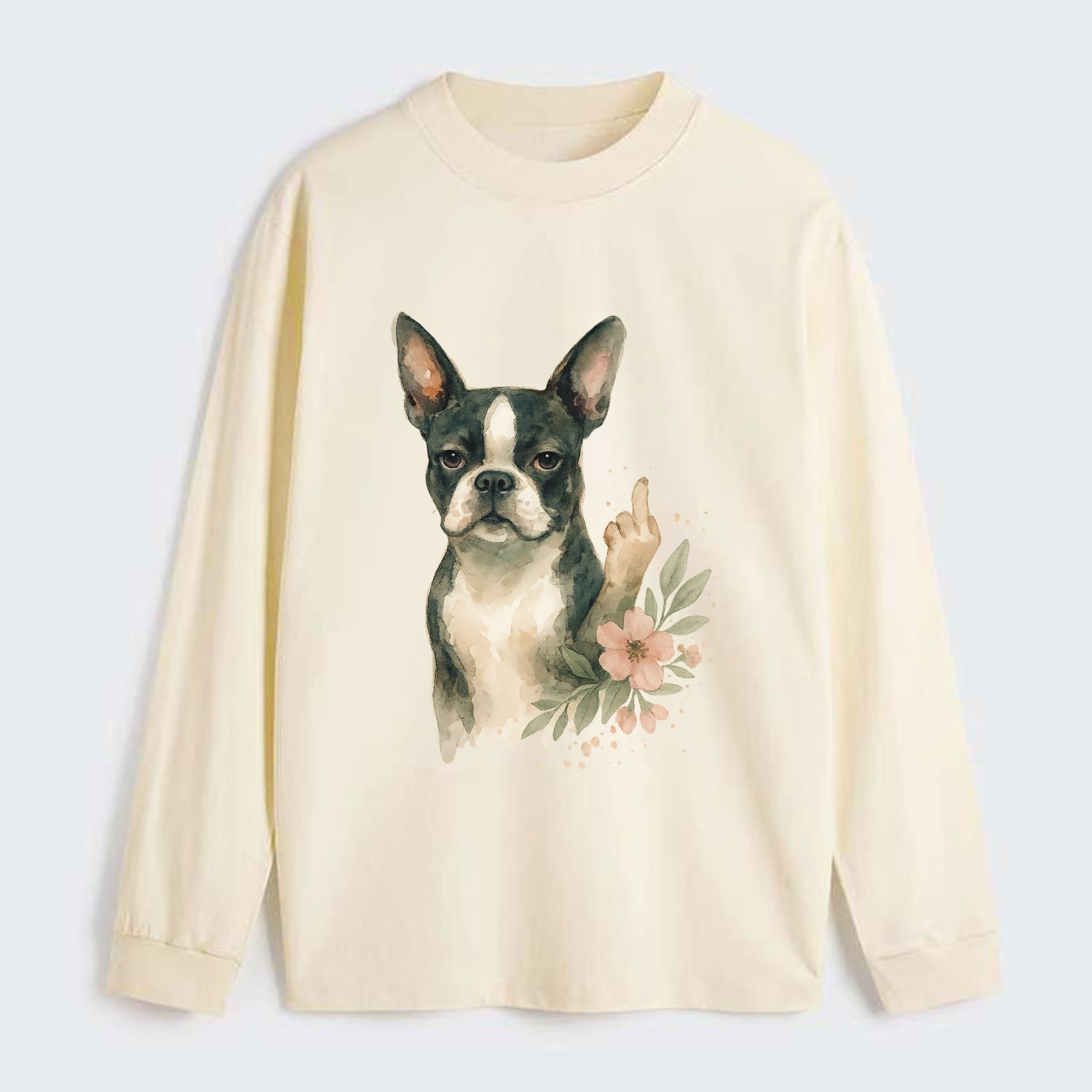 Boston Terrier with tuxedo markings, perky ears, paw up giving sass - Classic Long Sleeve Shirt - Beige