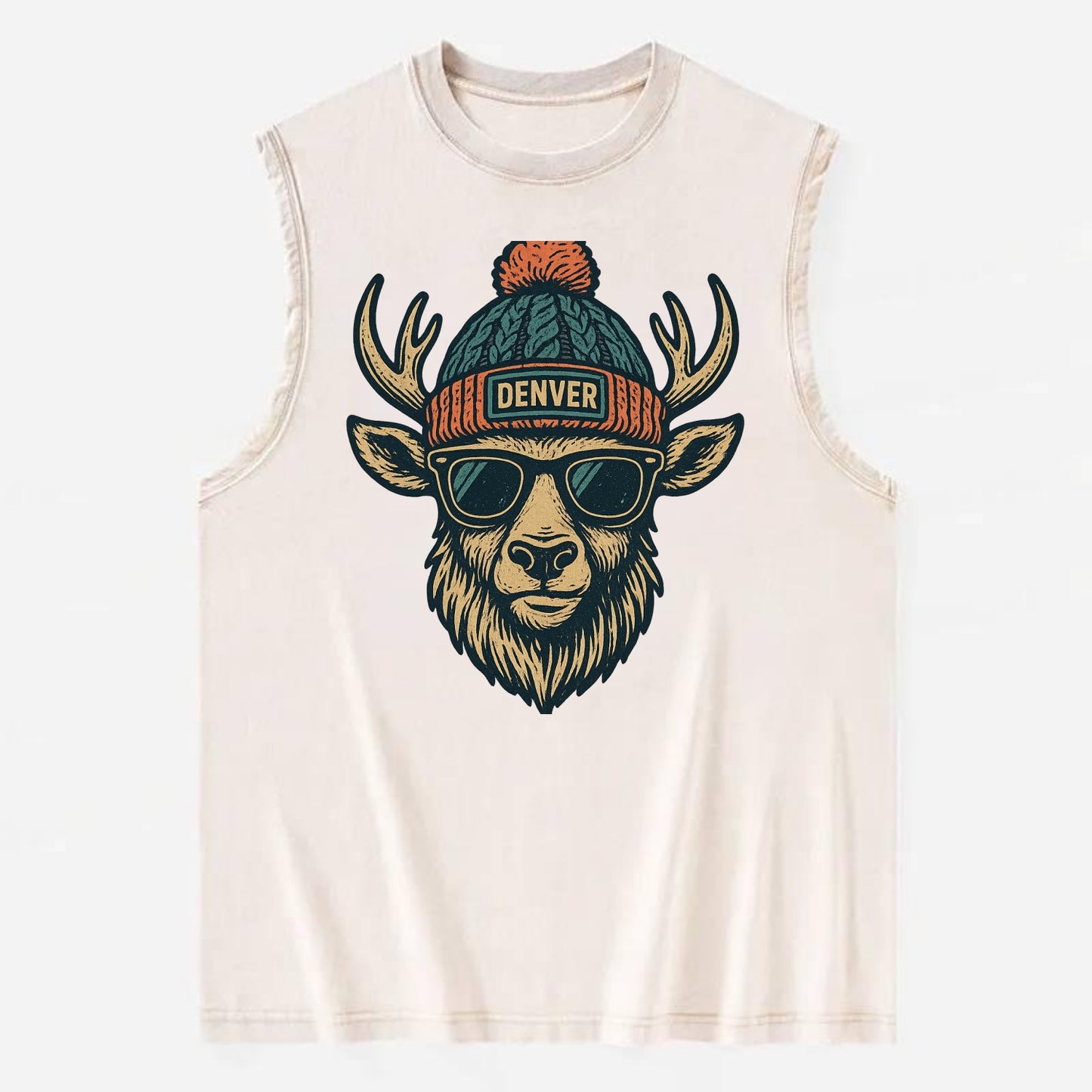 Denver Elk wearing Denver beanie with pom pom and wayfarer sunglasses - Vintage Washed Tank - Beige