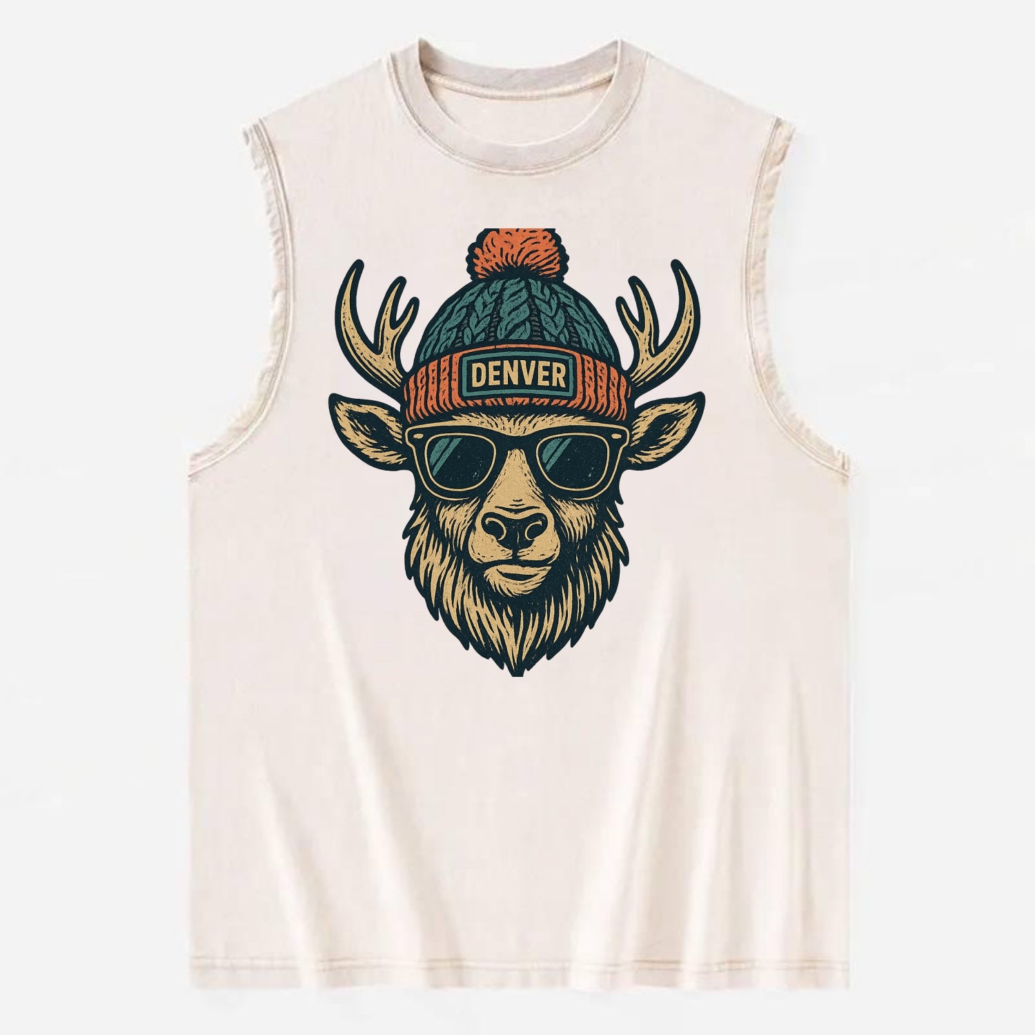 Denver Elk wearing Denver beanie with pom pom and wayfarer sunglasses - Vintage Washed Tank - Beige