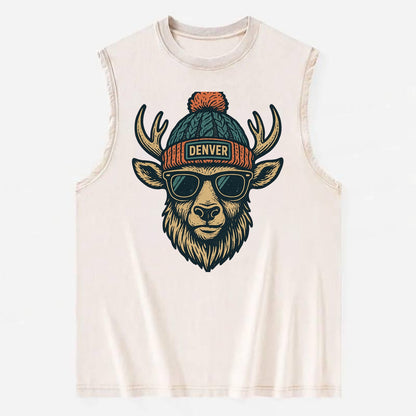 Denver Elk wearing Denver beanie with pom pom and wayfarer sunglasses - Vintage Washed Tank - Beige