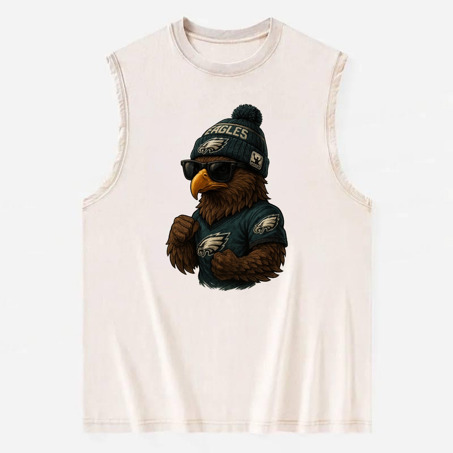Philly Hawk wearing Eagles beanie with Rocky patch and wayfarer sunglasses - Vintage Washed Tank - Beige
