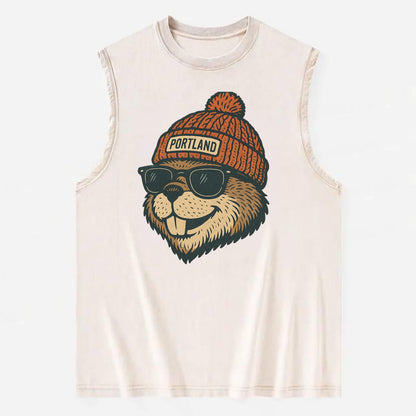 Oregon Beaver wearing Portland beanie with pom pom and wayfarer sunglasses - Vintage Washed Tank - Beige