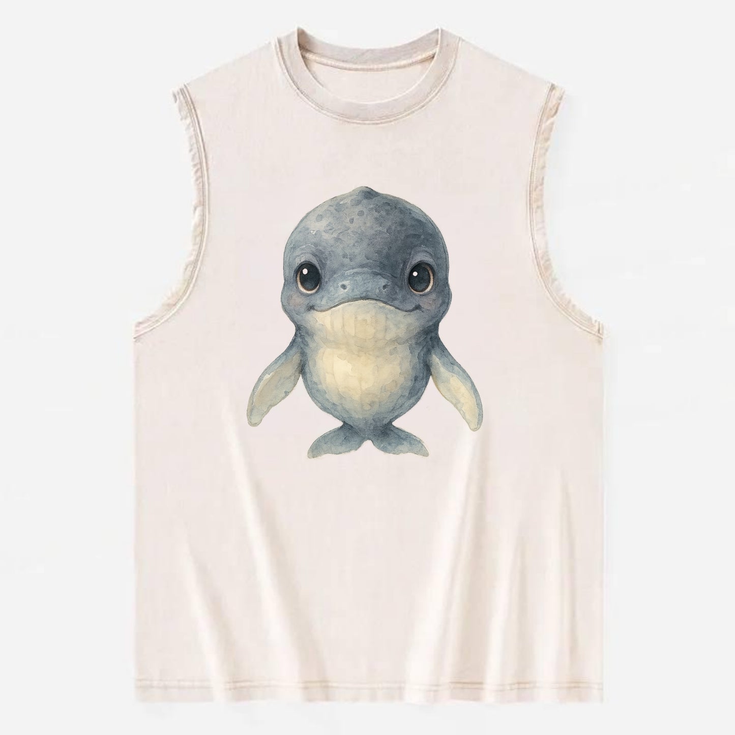 Baby Humpback Whale - dark gray with white flippers, large gentle eyes, - Vintage Washed Tank - Beige