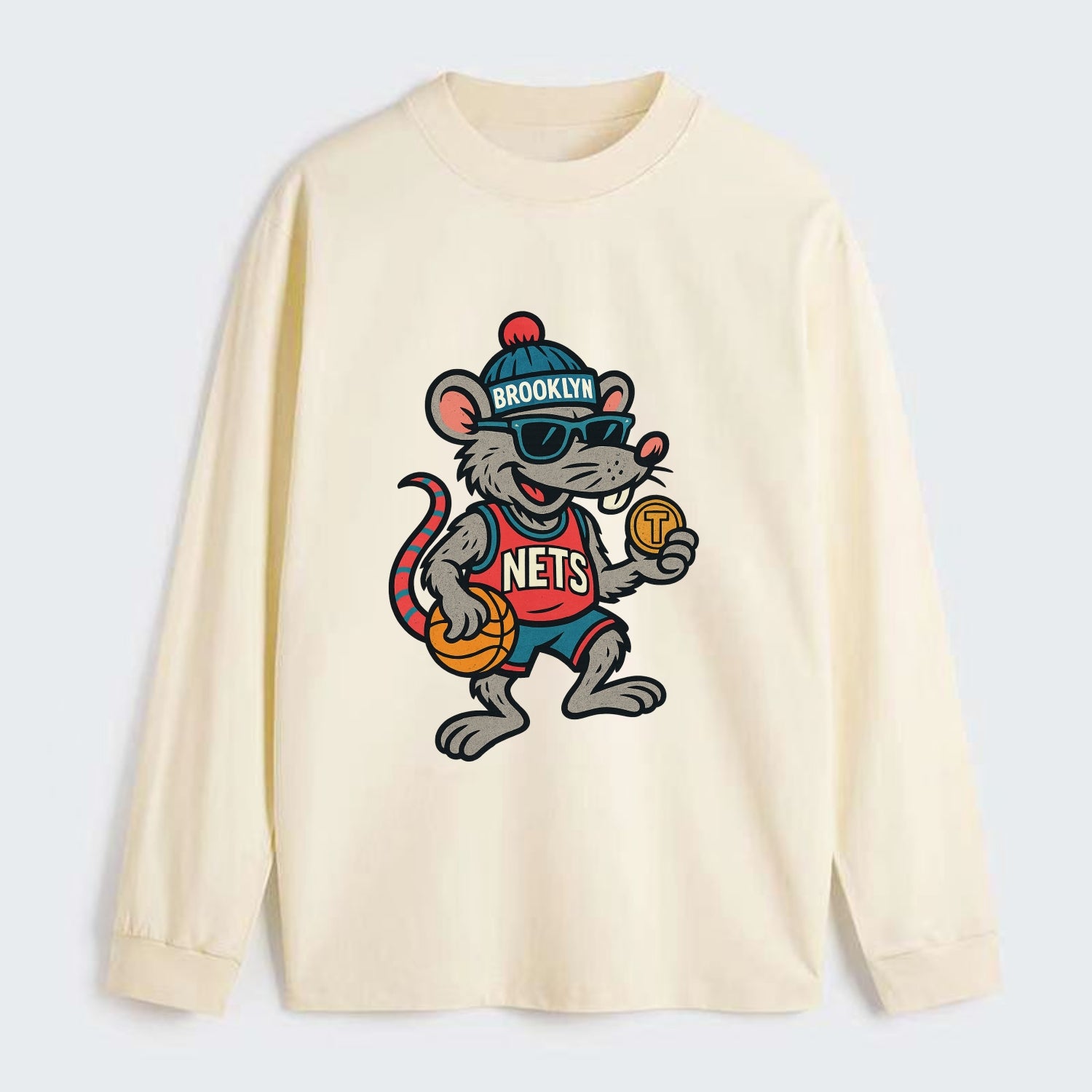 Brooklyn Rat wearing Nets beanie with subway token and wayfarer - Classic Long Sleeve Shirt - Beige