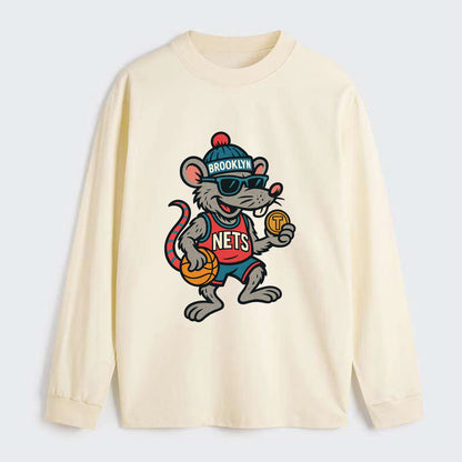 Brooklyn Rat wearing Nets beanie with subway token and wayfarer - Classic Long Sleeve Shirt - Beige