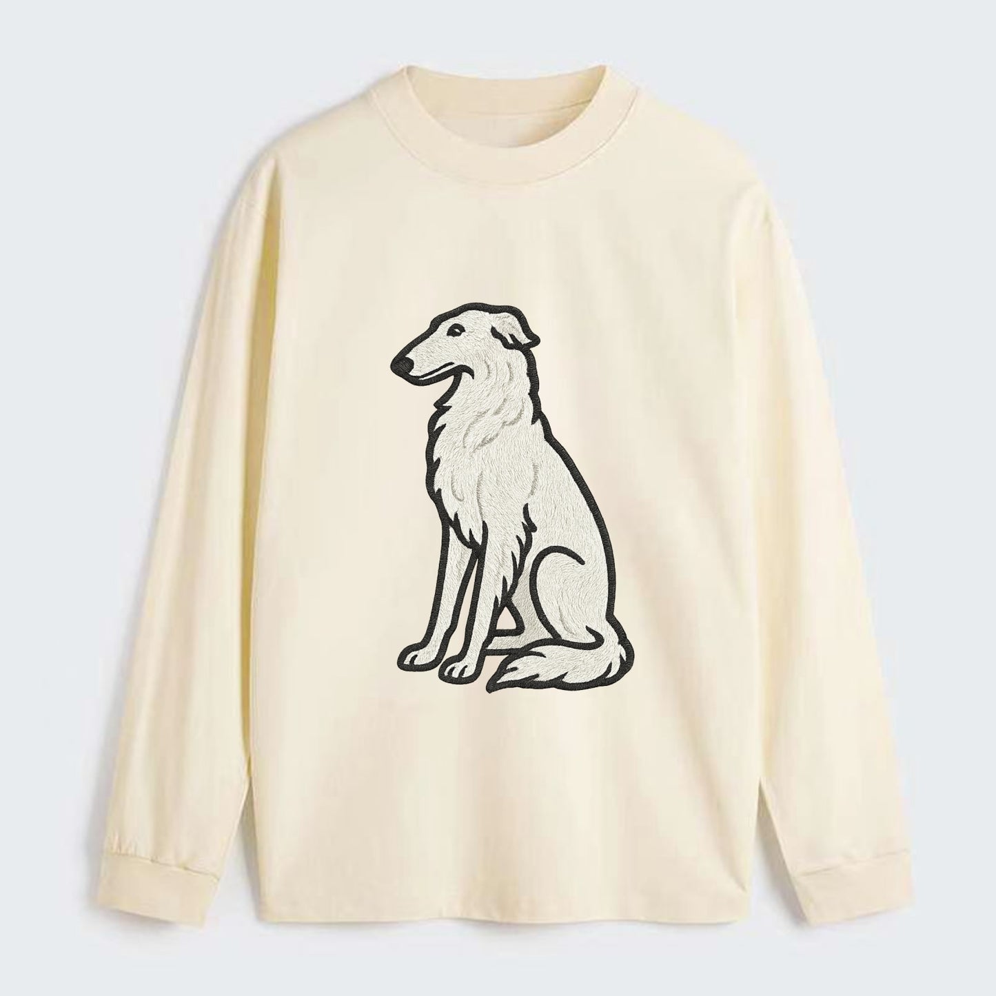 Borzoi - White embroidered sitting pose - Classic Long Sleeve Shirt - Beige
