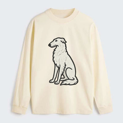 Borzoi - White embroidered sitting pose - Classic Long Sleeve Shirt - Beige