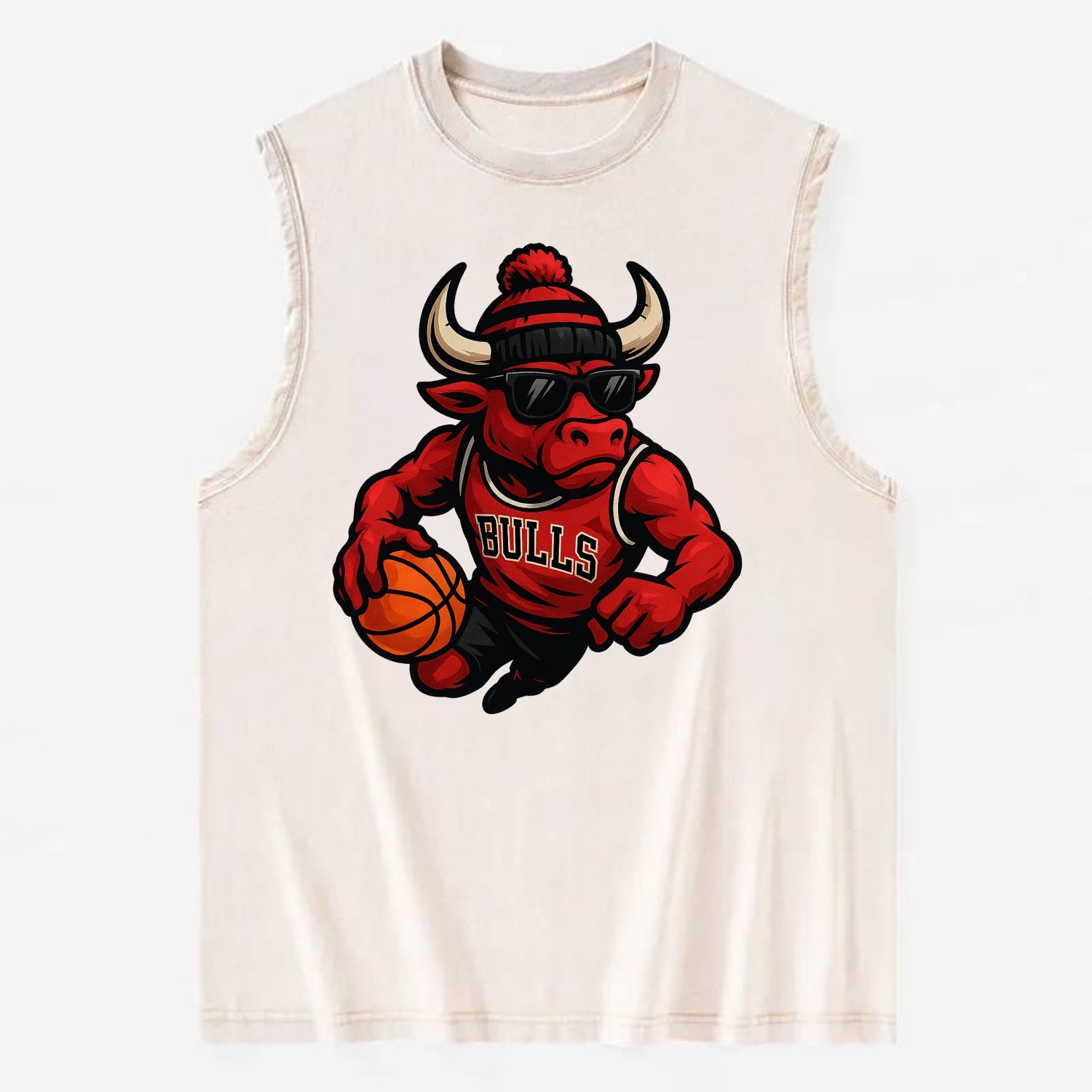 Chicago Bull wearing Bulls red and black beanie with horns design and - Vintage Washed Tank - Beige