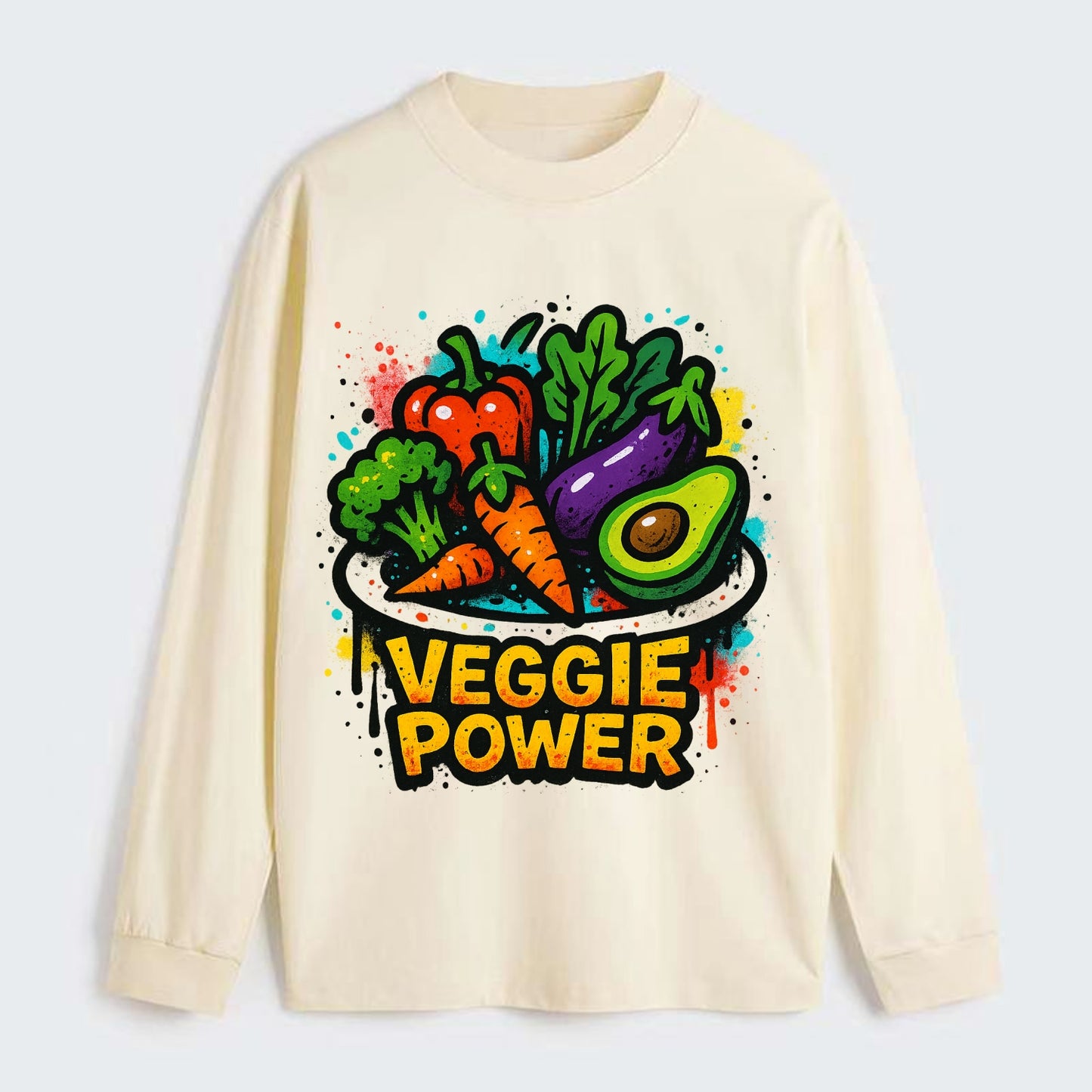 Colorful vegetables and plants on plate - plant-based lifestyle, veggie - Classic Long Sleeve Shirt - Beige