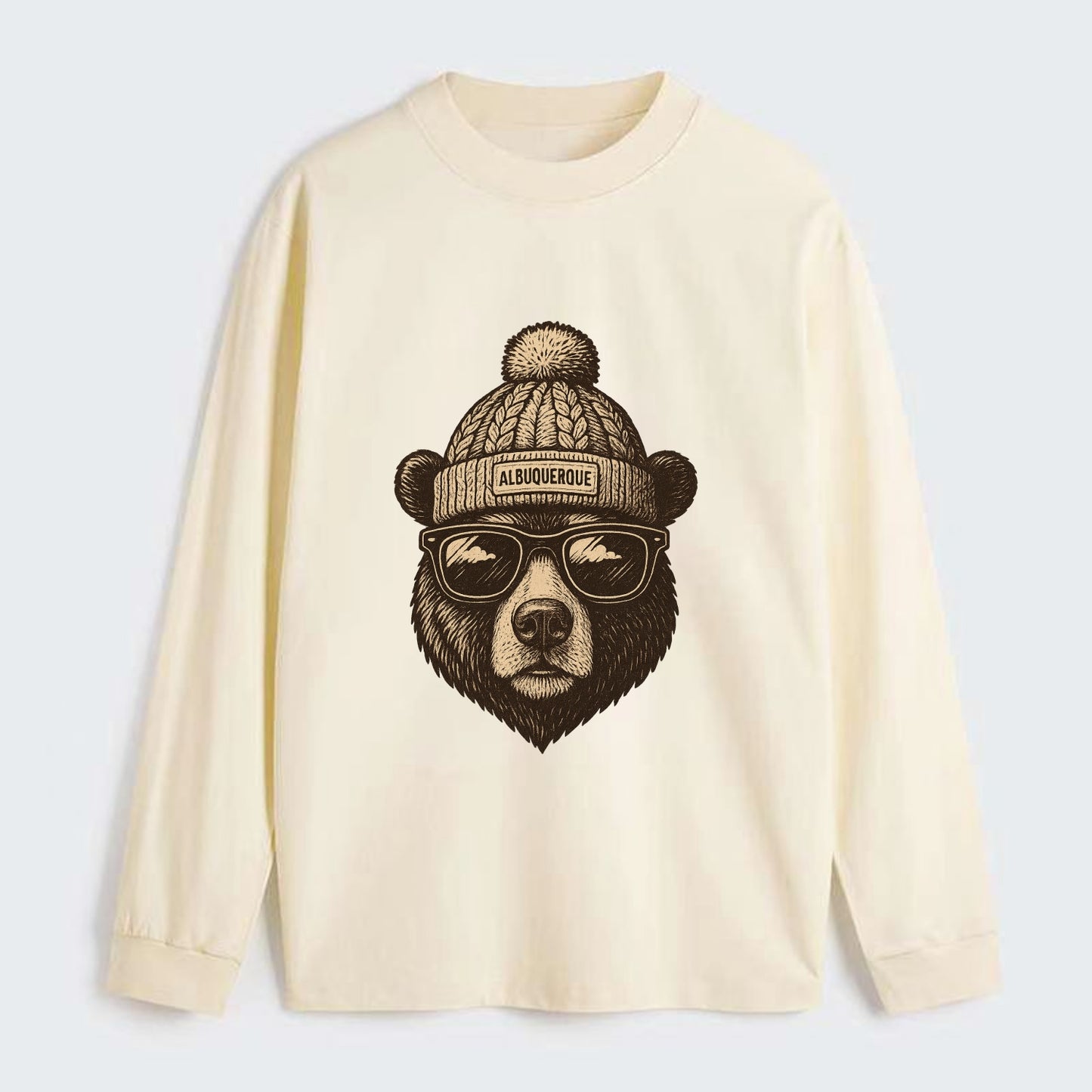 New Mexico Black Bear wearing Albuquerque beanie with pom pom and - Classic Long Sleeve Shirt - Beige