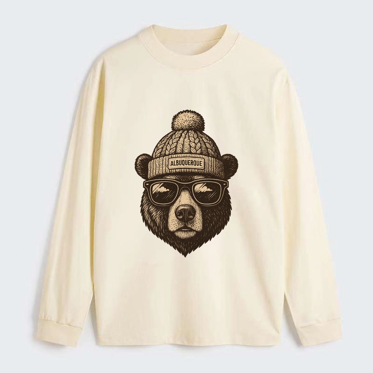 New Mexico Black Bear wearing Albuquerque beanie with pom pom and - Classic Long Sleeve Shirt - Beige