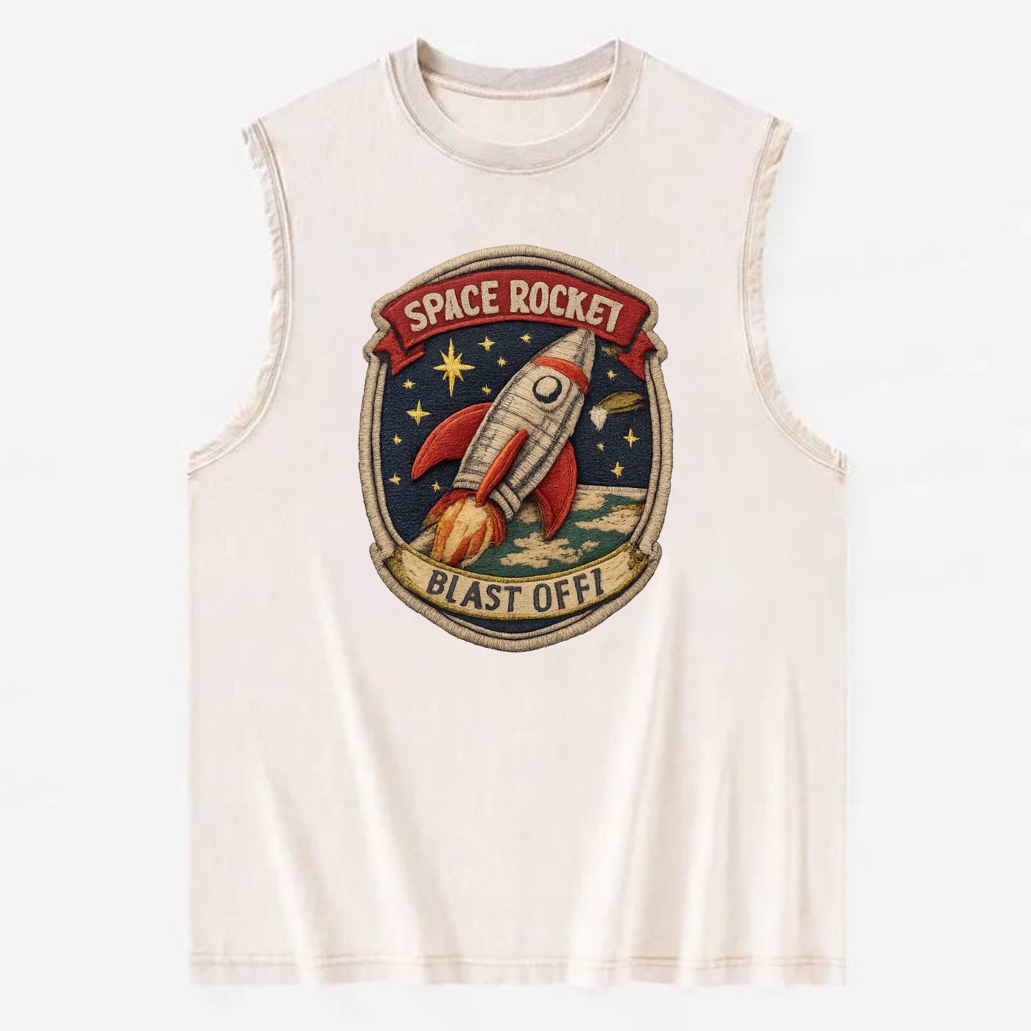 RETRO ROCKET - 1950s space rocket in silver and red , atomic age - Vintage Washed Tank - Beige