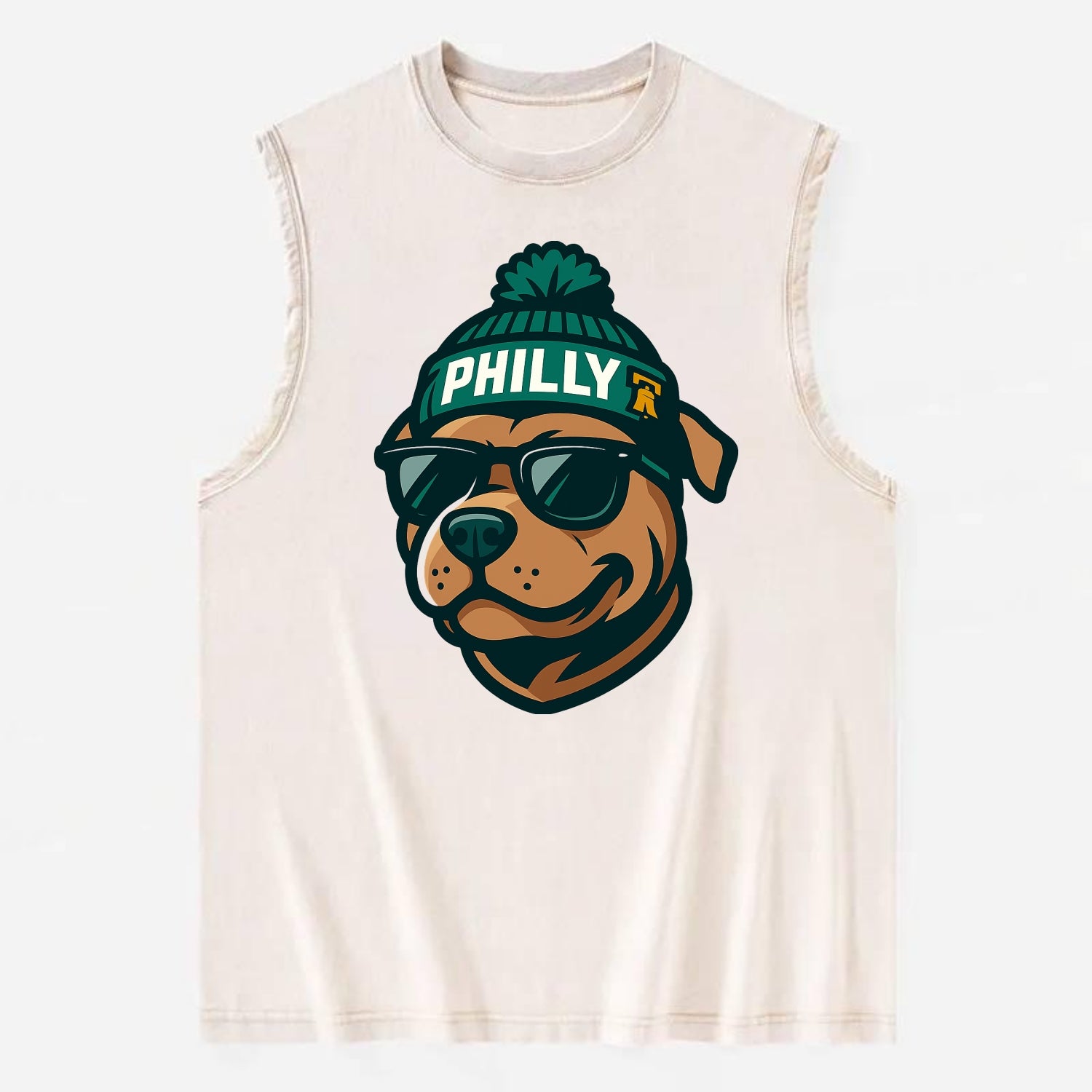 Philly Pitbull wearing Eagles beanie with Liberty Bell patch and wayfarer - Vintage Washed Tank - Beige