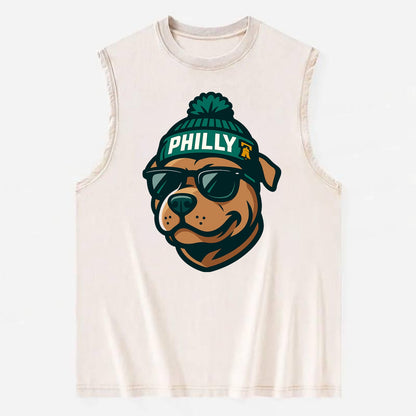 Philly Pitbull wearing Eagles beanie with Liberty Bell patch and wayfarer - Vintage Washed Tank - Beige