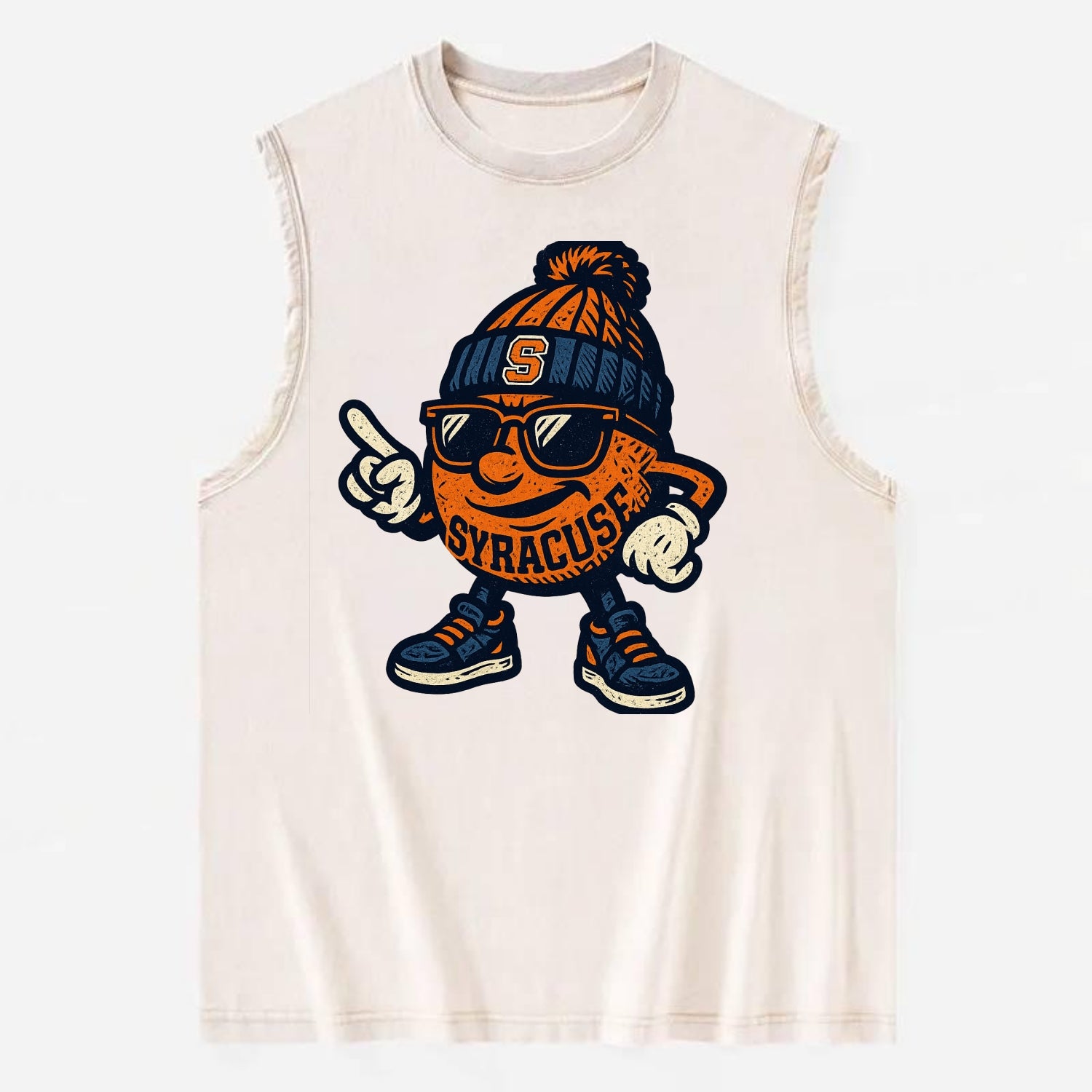 Syracuse Orange wearing Syracuse beanie with S patch - Vintage Washed Tank - Beige