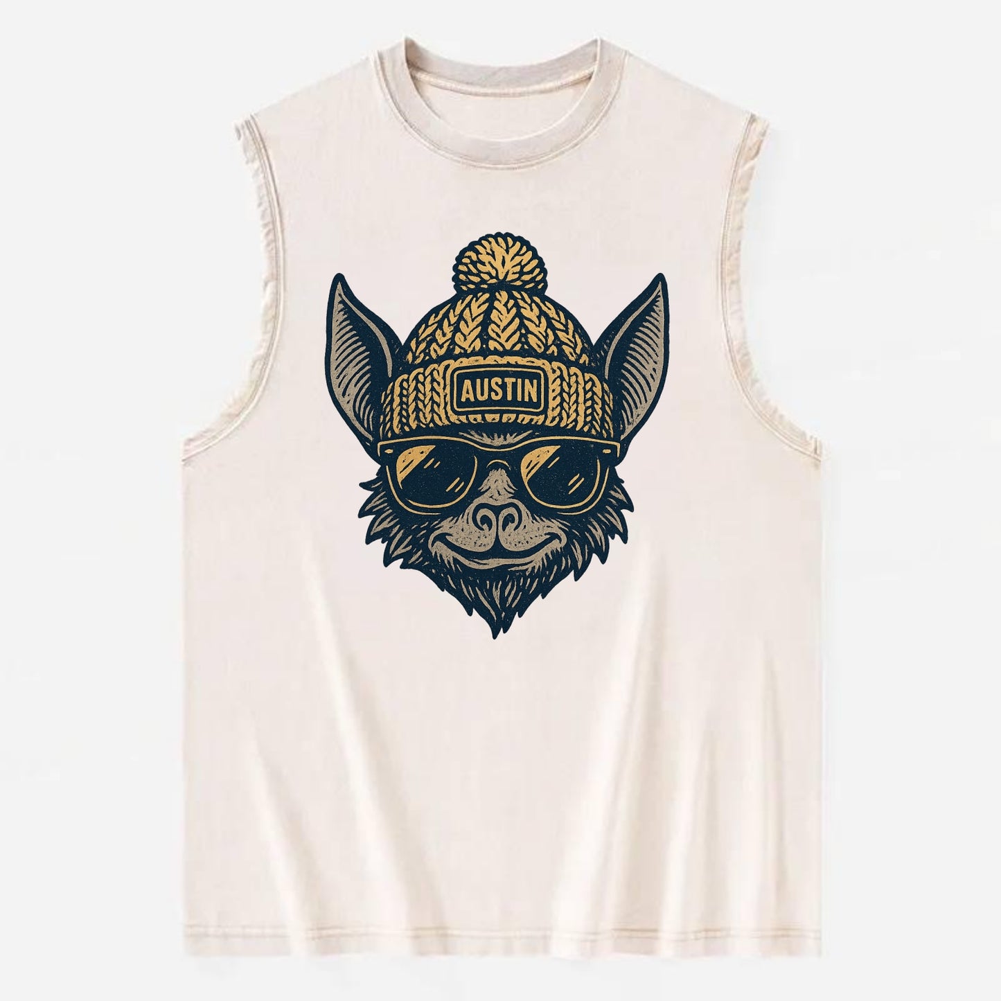 Austin Bat wearing Austin beanie with pom pom and wayfarer sunglasses - Vintage Washed Tank - Beige