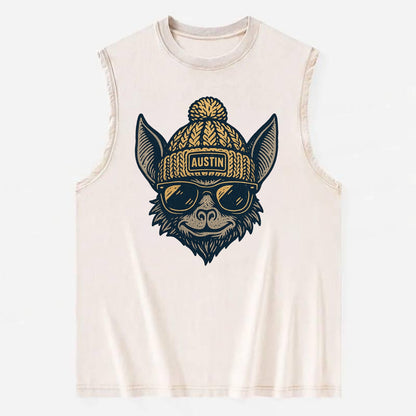 Austin Bat wearing Austin beanie with pom pom and wayfarer sunglasses - Vintage Washed Tank - Beige