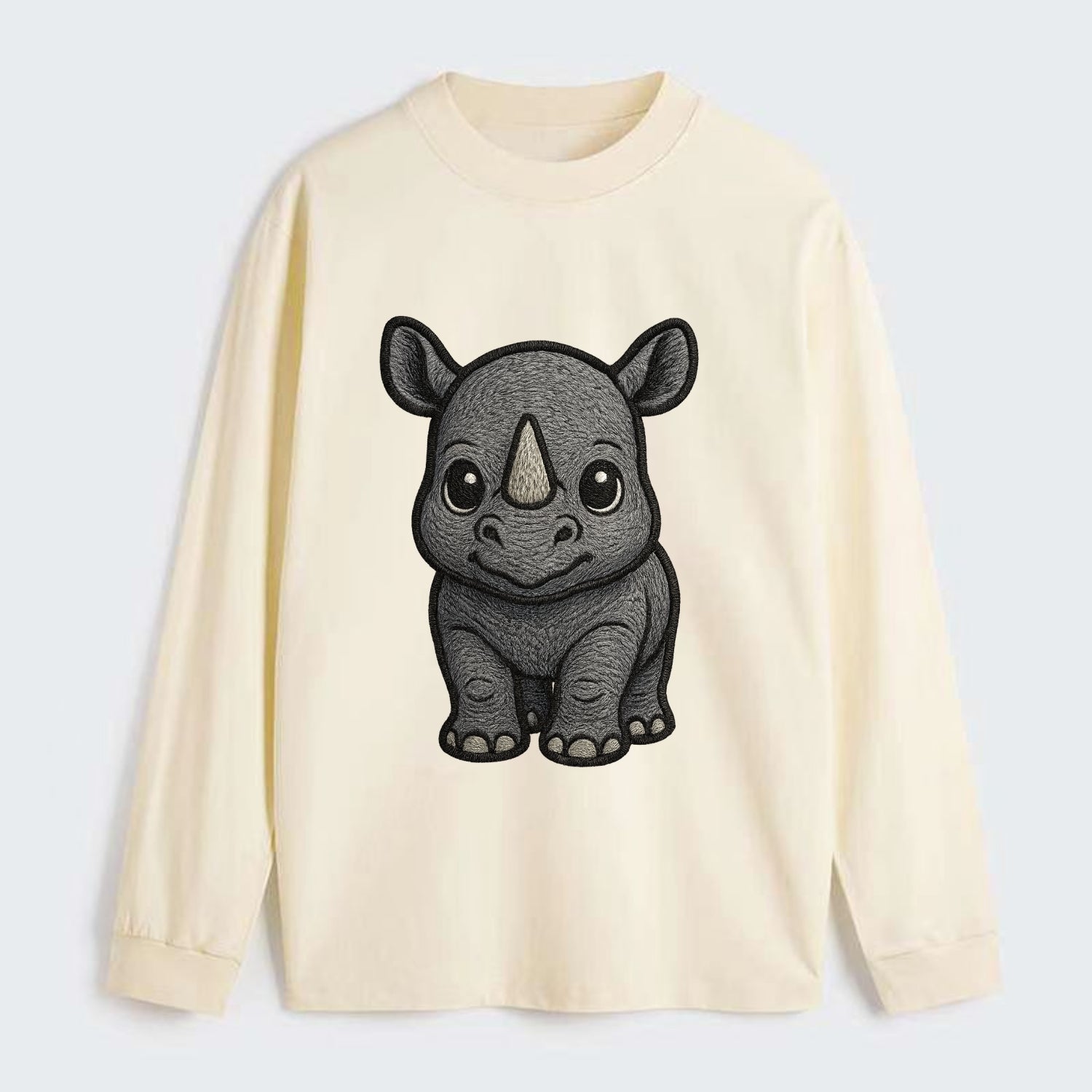Baby Rhino - gray armor skin, tiny horn nub, round eyes, front-facing, - Classic Long Sleeve Shirt - Beige