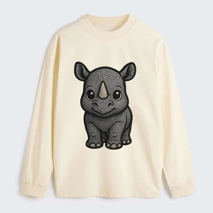 Baby Rhino - gray armor skin, tiny horn nub, round eyes, front-facing, - Classic Long Sleeve Shirt - Beige