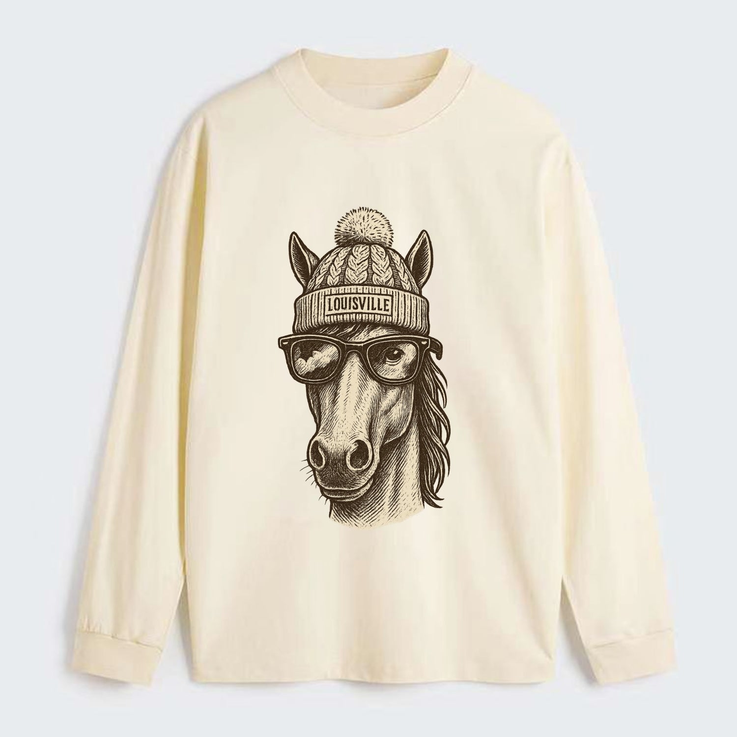 Kentucky Thoroughbred Horse wearing Louisville beanie with pom pom and - Classic Long Sleeve Shirt - Beige