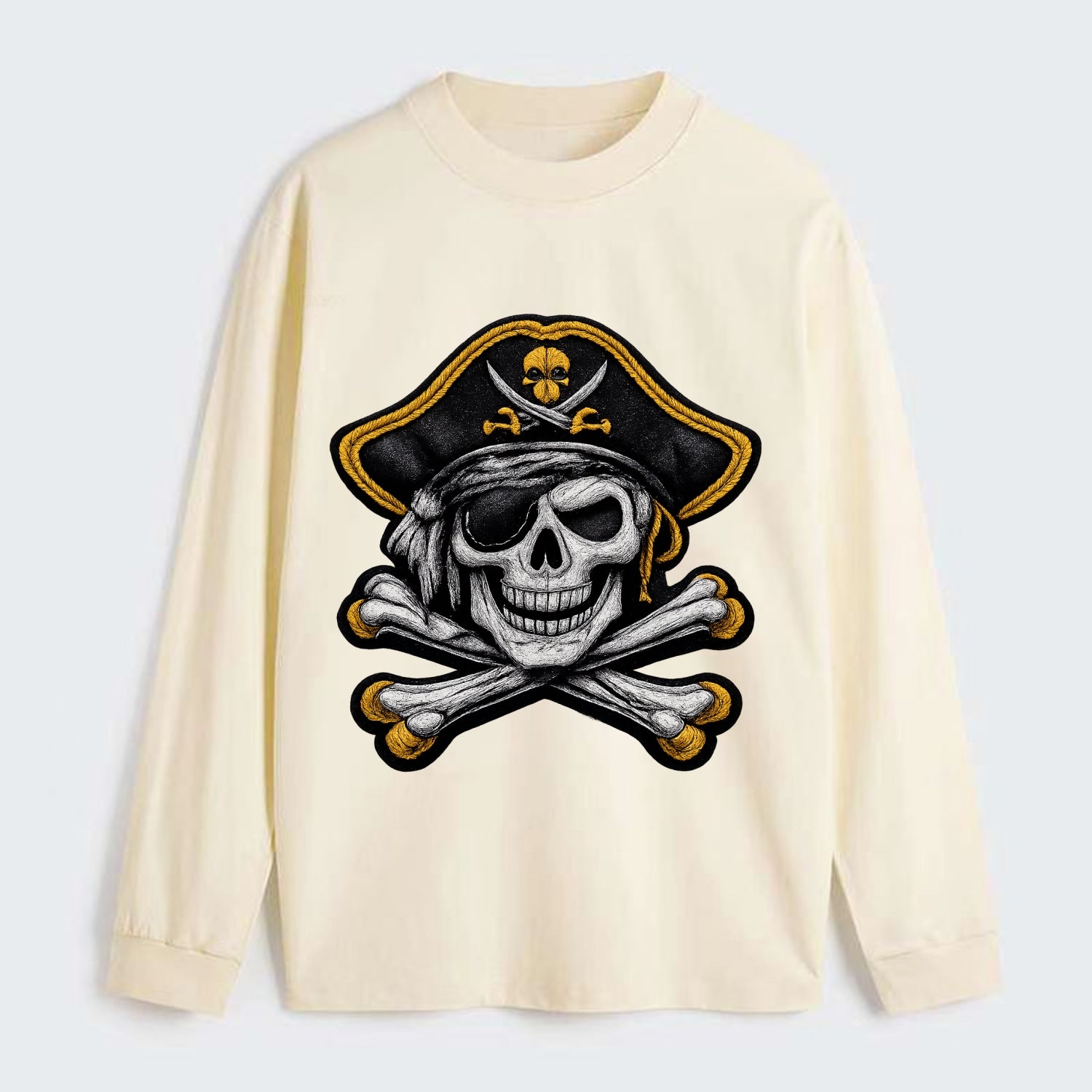 PIRATE SKULL - Jolly Roger skull in black and white , pirate - Classic Long Sleeve Shirt - Beige
