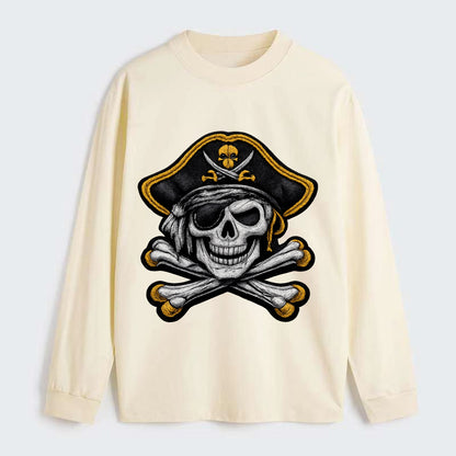 PIRATE SKULL - Jolly Roger skull in black and white , pirate - Classic Long Sleeve Shirt - Beige