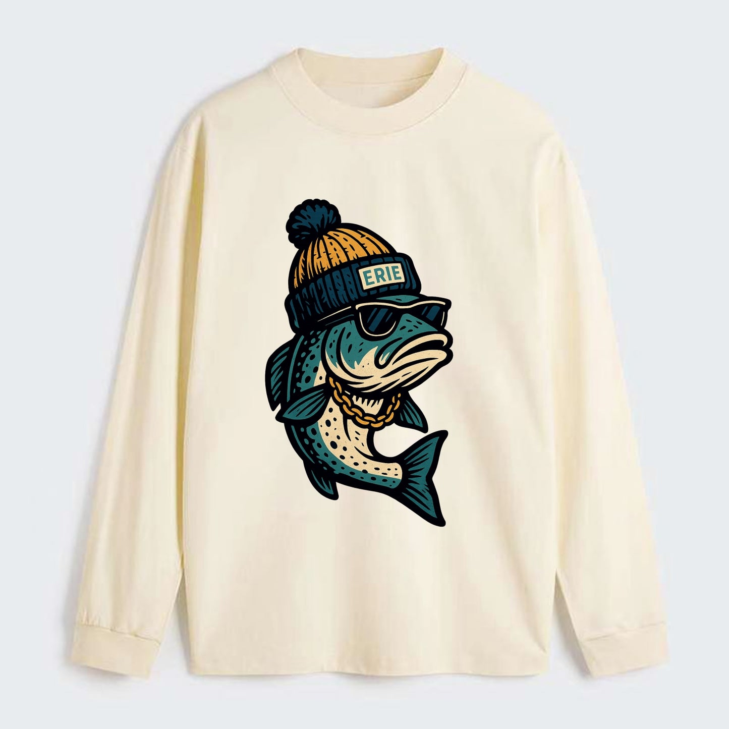Erie Lake Trout wearing Erie beanie with - Classic Long Sleeve Shirt - Beige