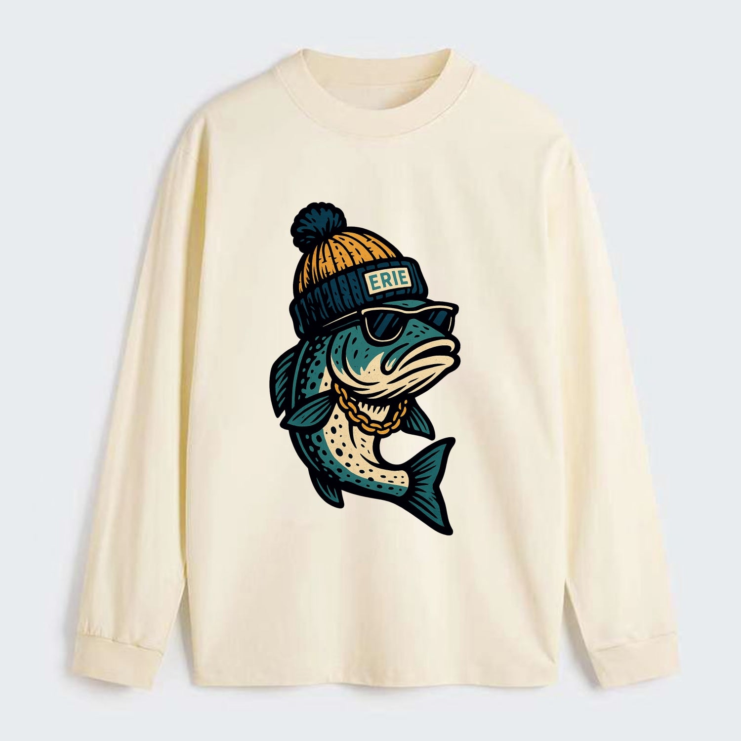 Erie Lake Trout wearing Erie beanie with - Classic Long Sleeve Shirt - Beige