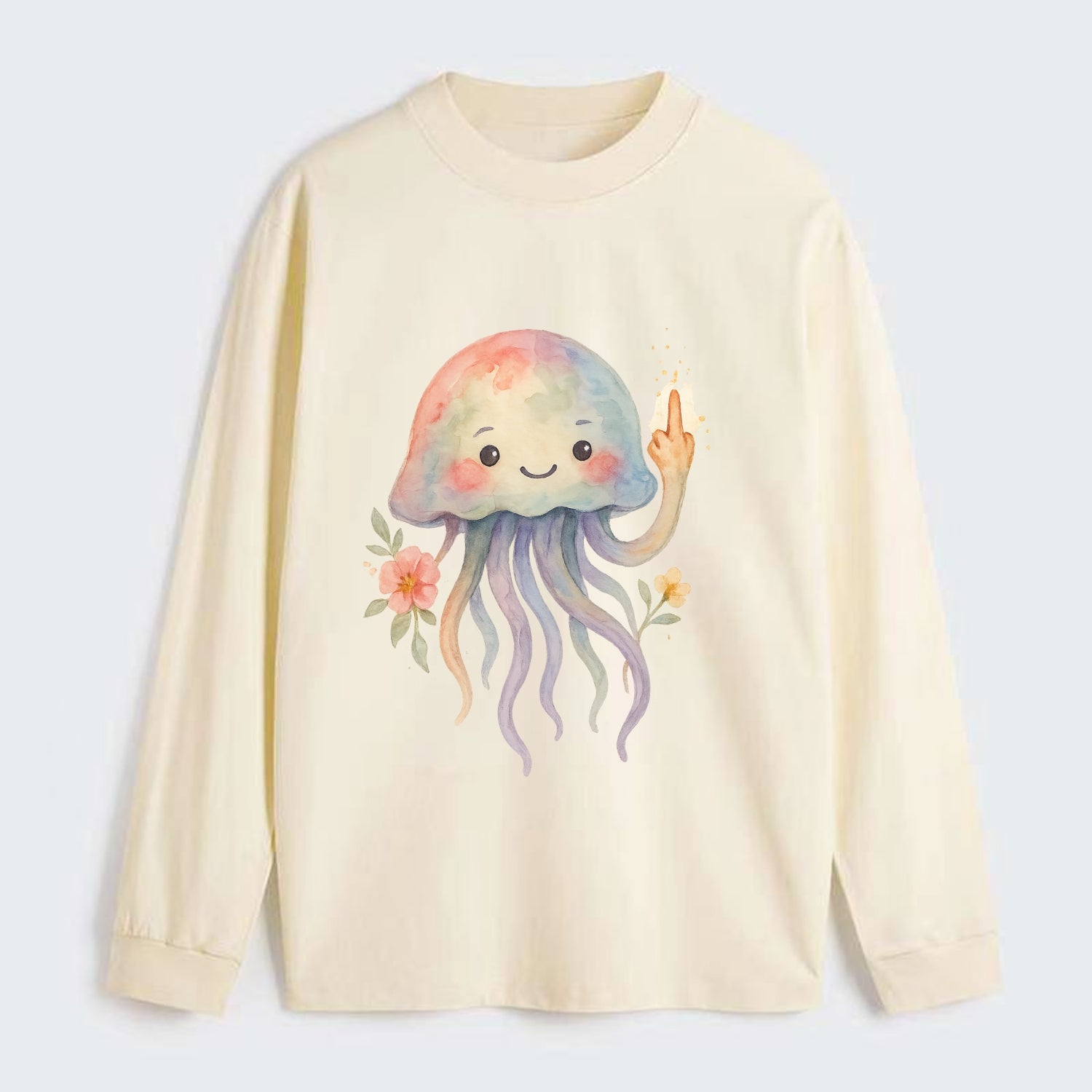 jellyfish with kawaii face and tentacles, one tentacle pointing up - Classic Long Sleeve Shirt - Beige