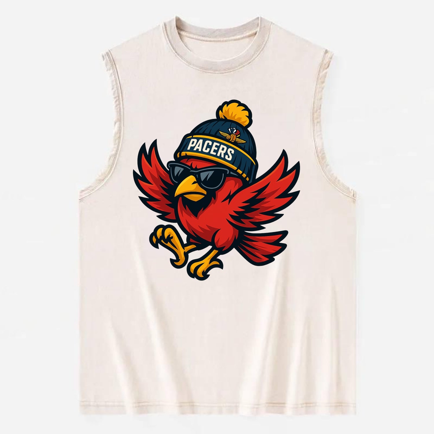 Indiana Cardinal wearing Pacers beanie with speedway patch and wayfarer - Vintage Washed Tank - Beige