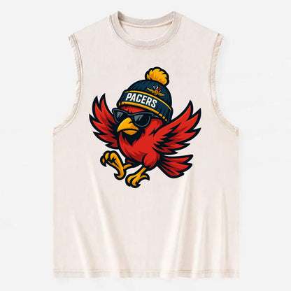 Indiana Cardinal wearing Pacers beanie with speedway patch and wayfarer - Vintage Washed Tank - Beige
