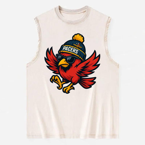 Indiana Cardinal wearing Pacers beanie with speedway patch and wayfarer - Vintage Washed Tank