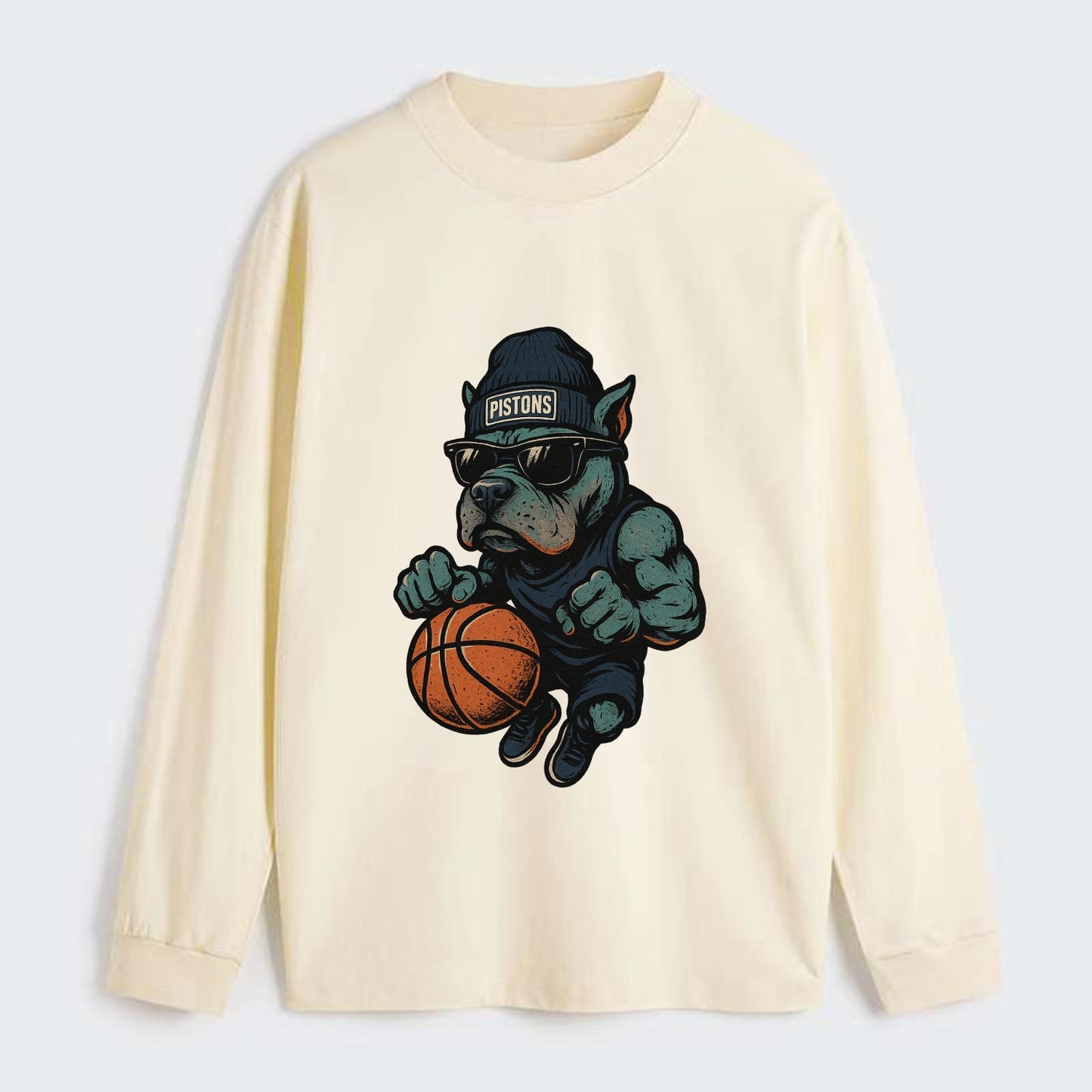 Detroit Pitbull wearing Pistons beanie with chrome patch and wayfarer - Classic Long Sleeve Shirt - Beige