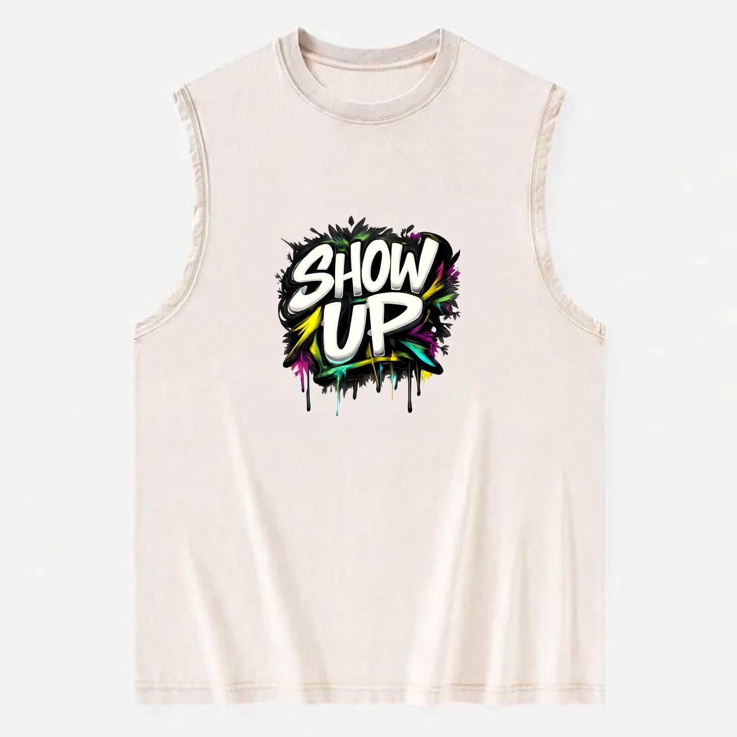 Bold typography design - "SHOW UP" - be present, arrive ready - Vintage Washed Tank - Beige