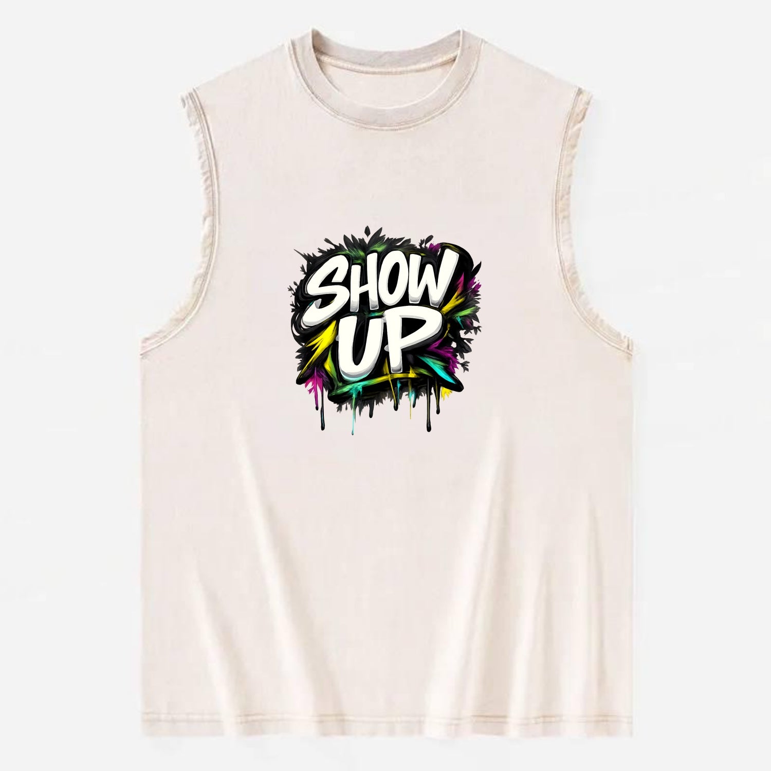 Bold typography design - "SHOW UP" - be present, arrive ready - Vintage Washed Tank - Beige