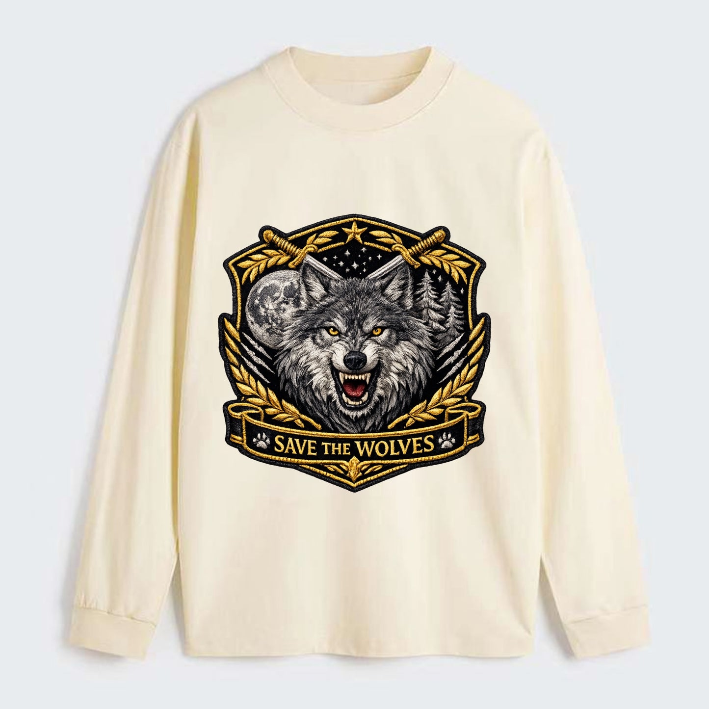 SAVE THE WOLVES - wolf moon in gray , predator protection - Classic Long Sleeve Shirt - Beige