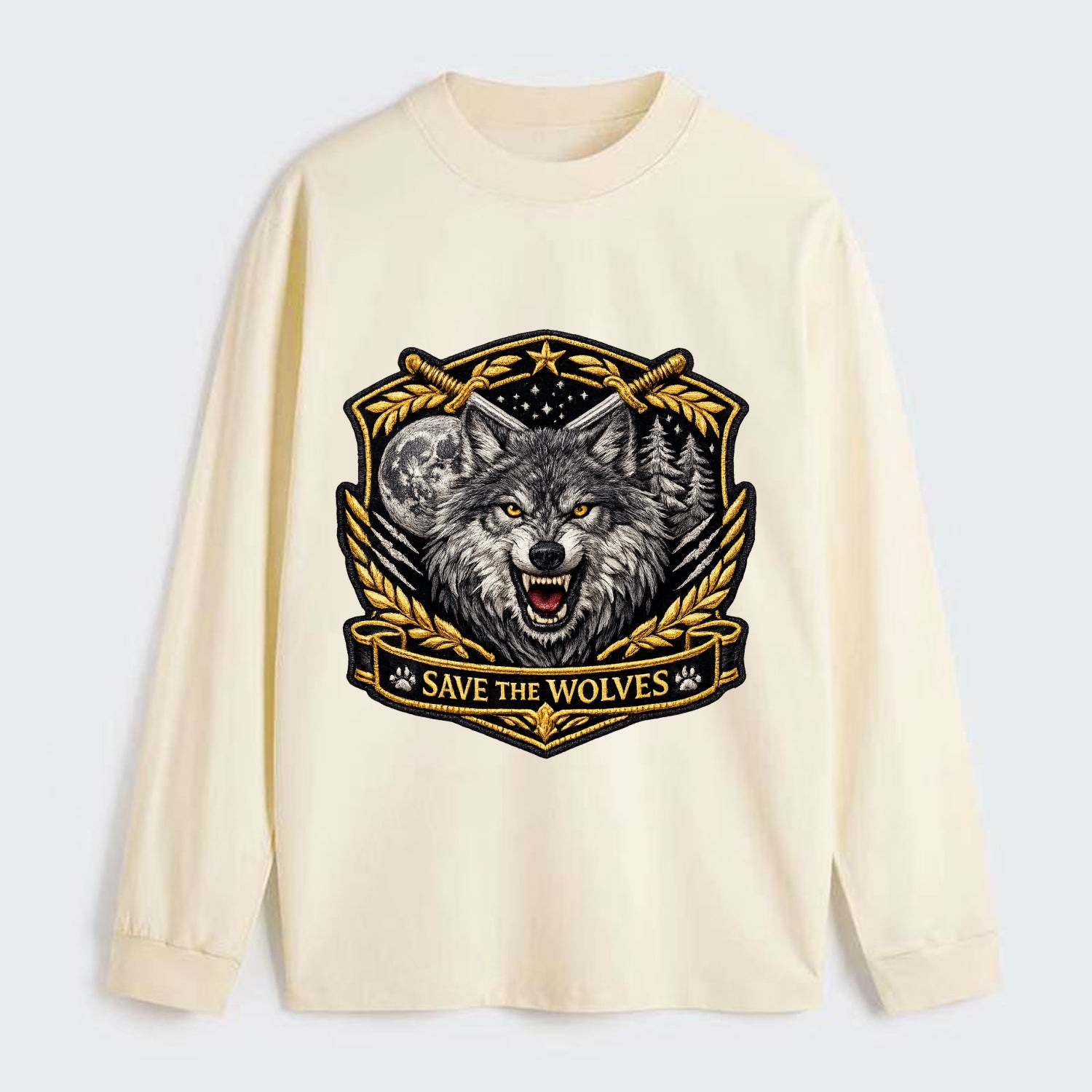 SAVE THE WOLVES - wolf moon in gray , predator protection - Classic Long Sleeve Shirt - Beige