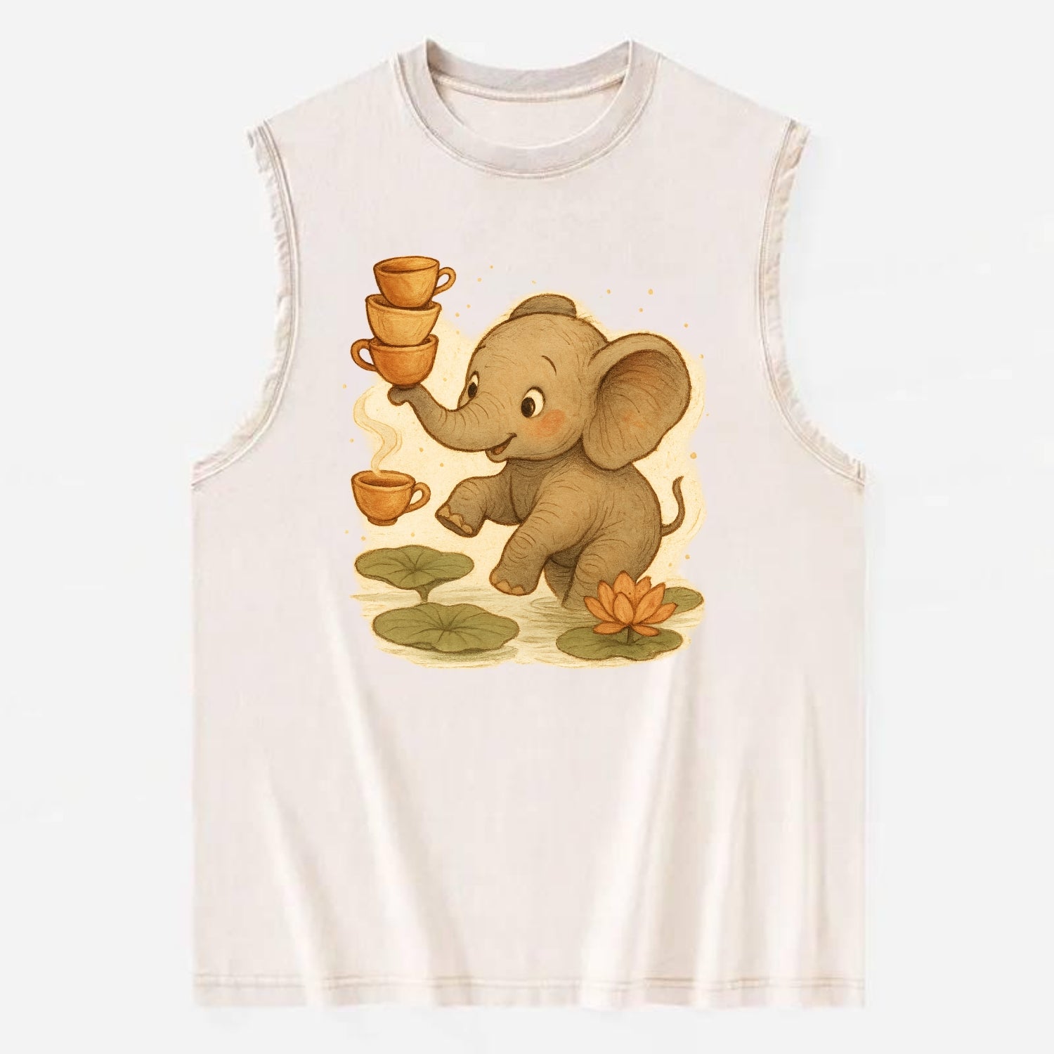 Elephant balancing teacups during a floating tea ceremony beside lotus ponds - Vintage Washed Tank - Beige