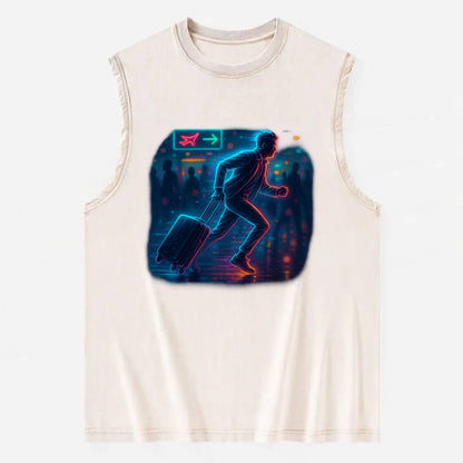 person running with luggage through crowded airport terminal - Vintage Washed Tank - Beige
