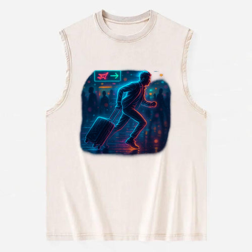 person running with luggage through crowded airport terminal - Vintage Washed Tank