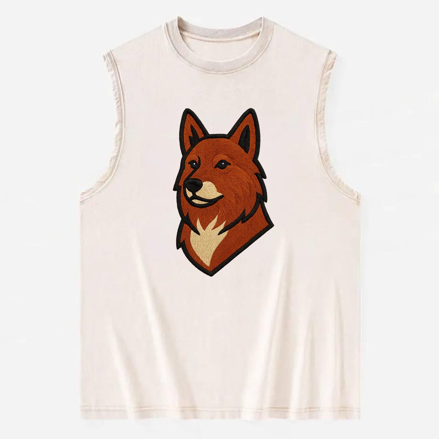 Finnish Spitz - Fox-red pointed ears embroidered pose - Vintage Washed Tank - Beige