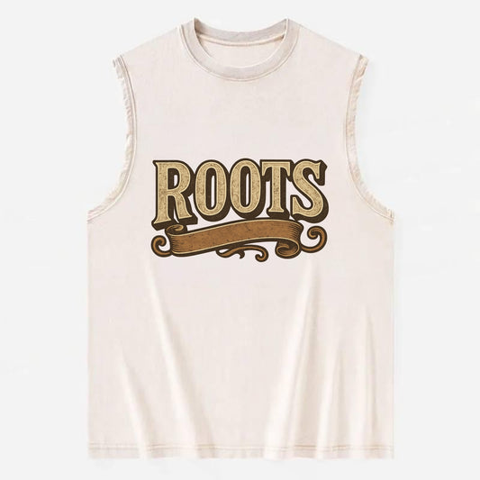 Bold typography design - "ROOTS" - where you come from, heritage - Vintage Washed Tank - Beige