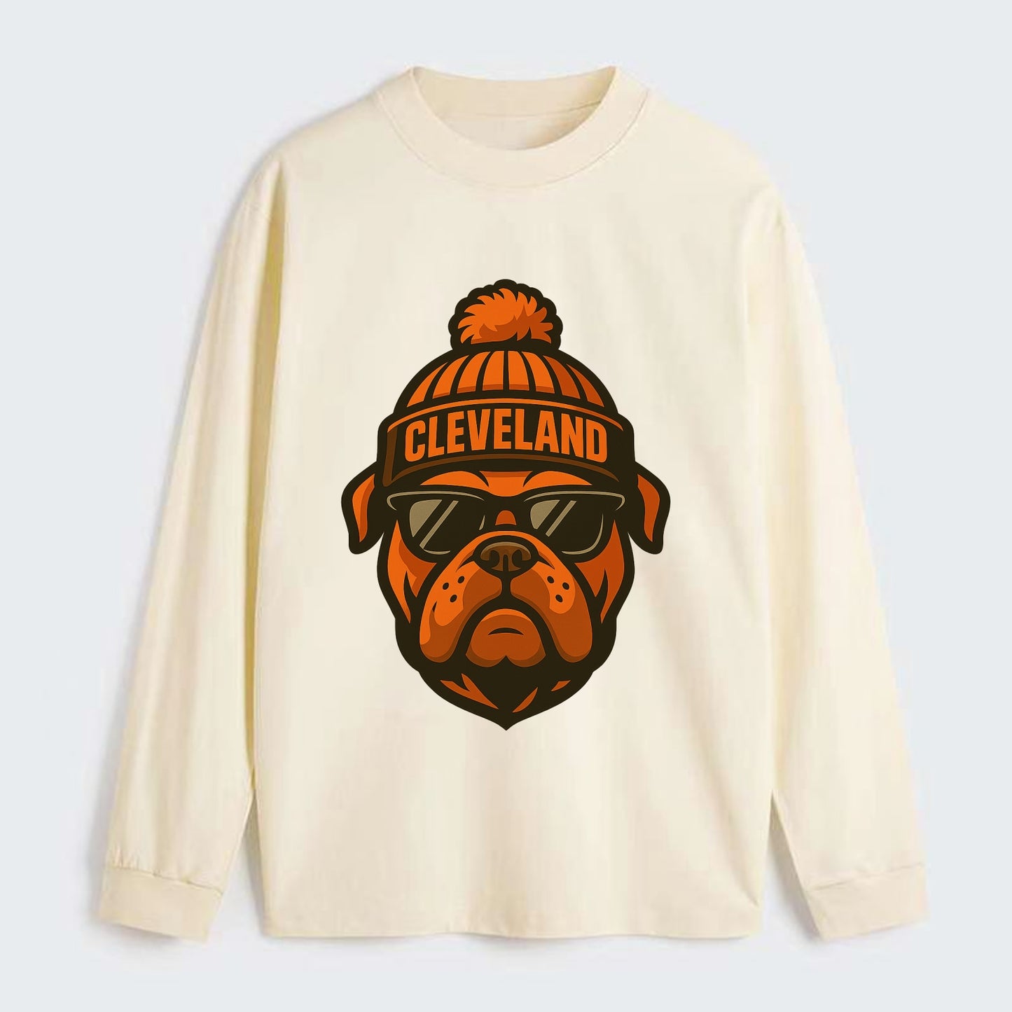 Cleveland Bulldog wearing Browns orange and brown beanie with pom pom - Classic Long Sleeve Shirt - Beige
